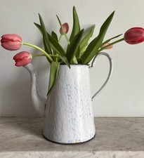Vintage French Enamel Jug Blue And White: Vase Watering Can
