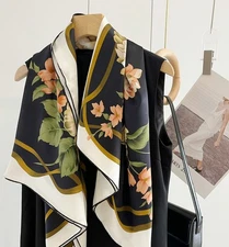 100% Silk Plain satin Scarf Bandanna Square Shawl Big Wrap blackFlower Print 43"