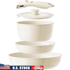 Non Stick Ceramic Cookware Set 5 Piece Detachable Handle Space Saving RV New