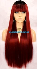 FULL WIG EXTRA LONG LAYERED WITH BANGS OMBRE BLACK RED MIX HEAT OK NWT