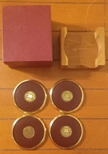 Vintage Brass/Red Mobil Oil Pegasus Logo Coasters W/Box (4 Coasters)
