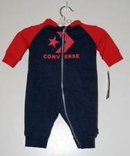 NWT Converse Infant Boys Navy Blue  Red LS Full Length Hooded Romper sz 3M