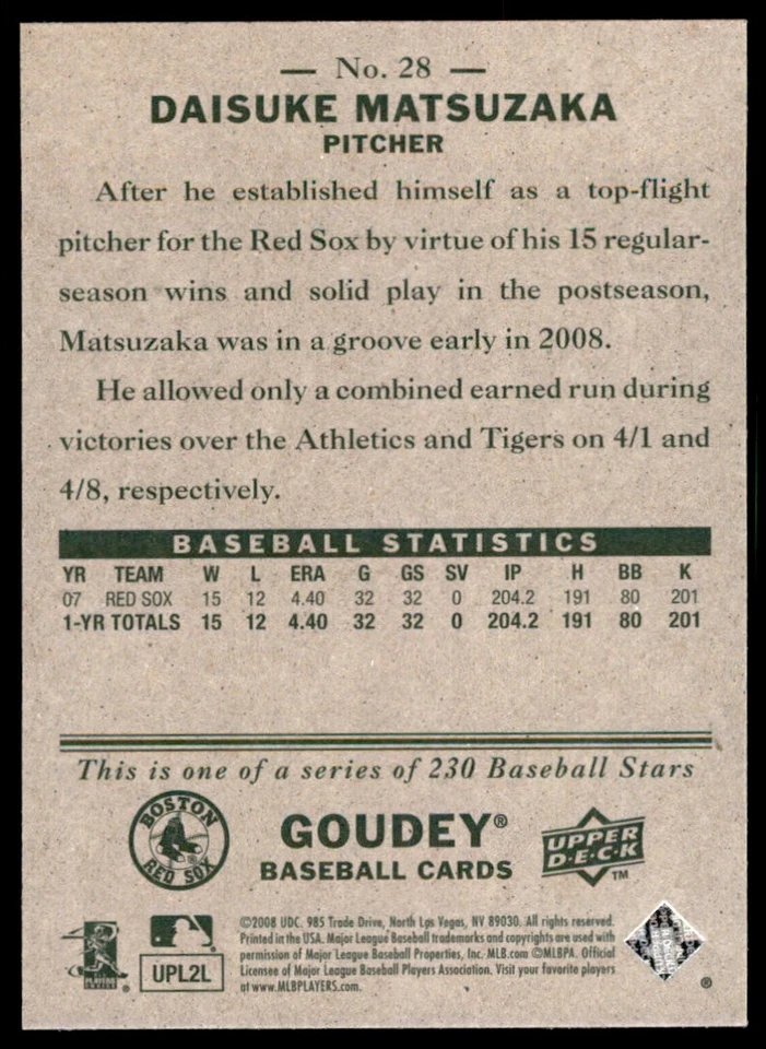 2008 UPPER DECK GOUDEY DAISUKE MATSUZAKA BOSTON RED SOX #28 - Image 2 of 2