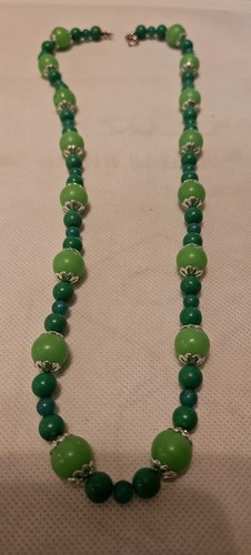 Vintage Green and Silver Filagree Bead Necklace 23 Inch Spring Ring Clasp - Picture 13 of 18