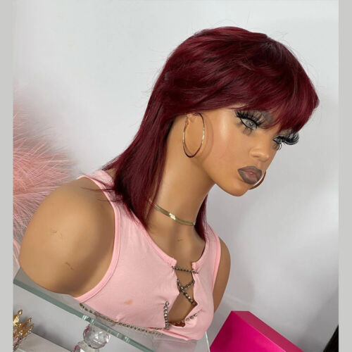 Short Pixie Cut Wine Red Hair With Bangs Straight No Lace Soft Cosplay Wigs - Picture 5 of 9