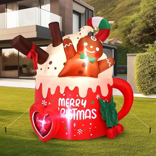 Gonfiabili Natalizi 6,5 piedi pan di zenzero Natale gonfiabile tazza cacao caldo decorazione - Foto 6 di 7