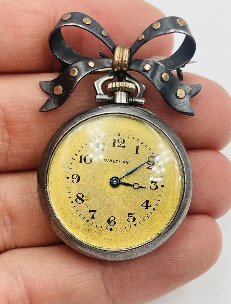 Antique Art Deco Sterling Silver Gold Bow Pin Waltham Watch