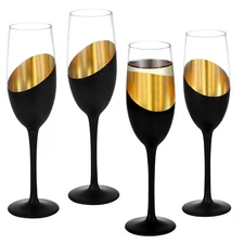 Black and Gold Champagne Flutes , Toasting Glasses Party Wine Glass, Set of 4