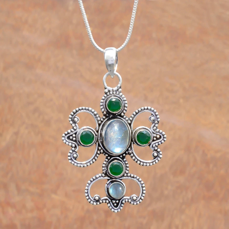 Labradorita y piedras preciosas de ónix verde cruz de plata de ley 925 joyería de nueva llegada Foto 4 de 4