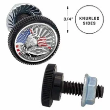 2 SM Black Knurled - License Plate Frame Fastener Tag Bolts - 911 EAGLE USA FLAG