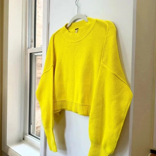 Free People Easy Street Crop Pullover Sweater Oversized Rib Crewneck Yellow XS - Picture 2 of 6