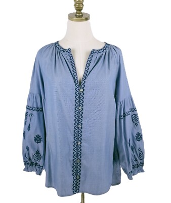 See and Be Seen Embroidered Boho Peasant Tunic Size S Blue Balloon Sleeve