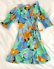 Topshop Womens Floral Print V-Neck Tie Waist Wrap Mini Dress Blue Size US 4