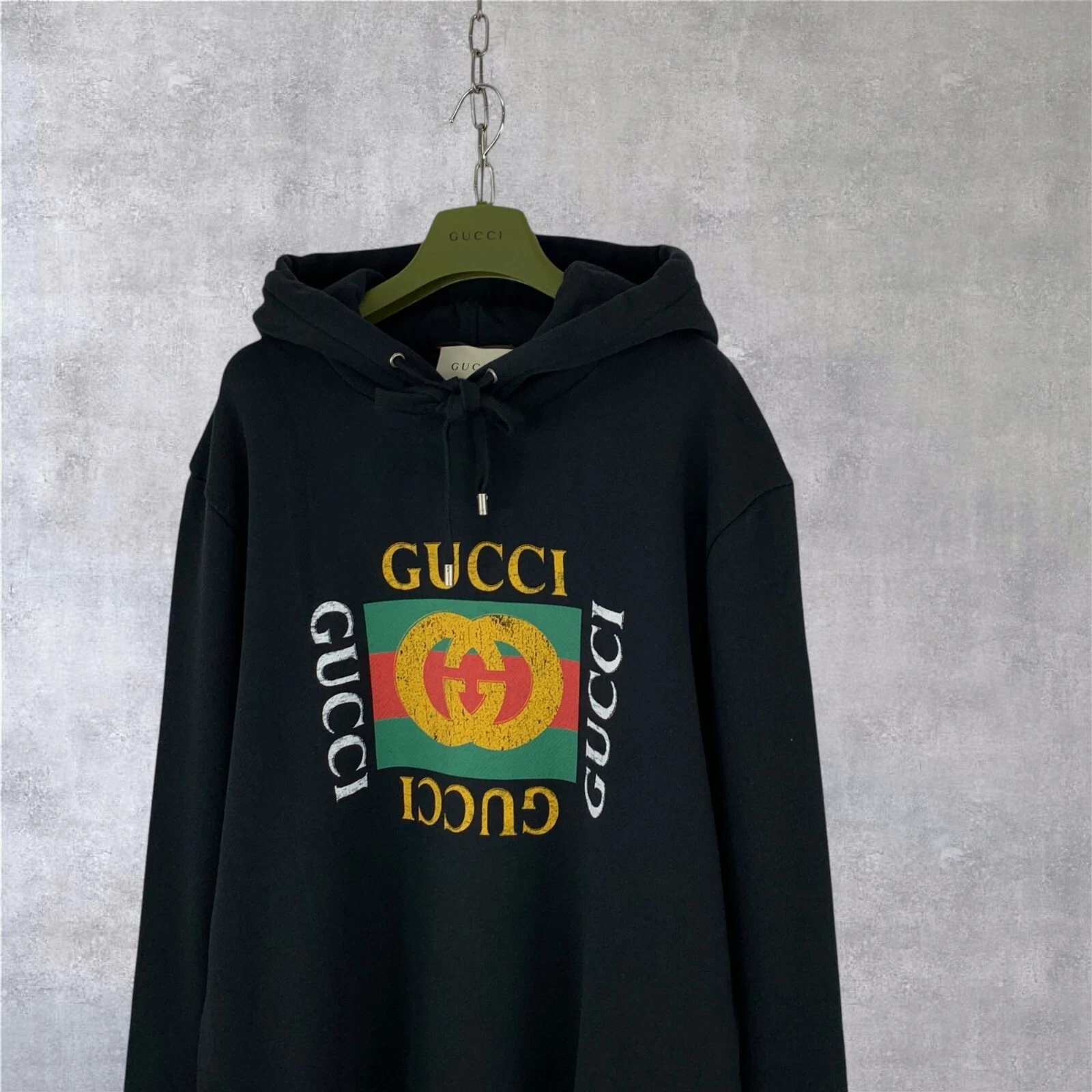 Felpa con cappuccio Gucci GG logo anteriore monogramma cotone invecchiato nera taglia L
