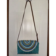 Sun N’ Sand Women’s Straw Purse Bag Blue Boho beaded Crossbody 12X9X2