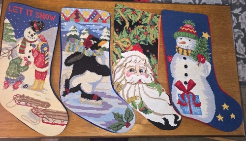 Vintage Needlepoint Christmas Stocking Handmade Velvet Back 18" Lot Of 4