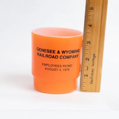 VTG Anchor Hocking Advertising Genesee Wyoming Railroad Orange Milk Glass Mug