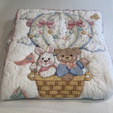 Handmade 1993 Cross Stitch Baby Toddler Quilt Bunny Bear Eyelet Ruffle 40x47"