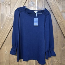 Crown & Ivy Harbor Navy Top M NWT Smocked Shoulders Ruffle Cuff Long Sleeve