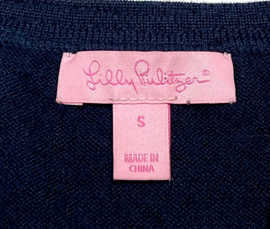 Vestido Lilly Pulitzer Mujer (S) Azul Marino Devlin Lana Merino Suéter Dorado Bordado Foto 4 de 4