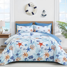 Coastal Queen Comforter Set, 7 Pieces Beach Themed Ocean Sand Dollor  Starfish