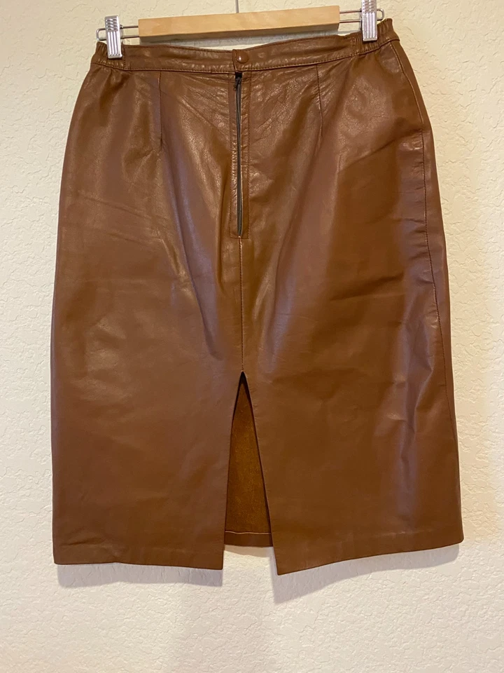 Falda de Cuero Capriccio Vintage Marrón Chocolate Talla 9/10 Cintura Elástica Occidental Foto 2 de 4