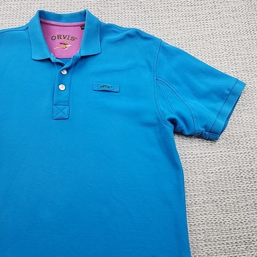 Orvis Men Polo Golf Shirt L Purple Contrast Blue Heavy Cotton Fly Fishing Casual - Picture 3 of 12