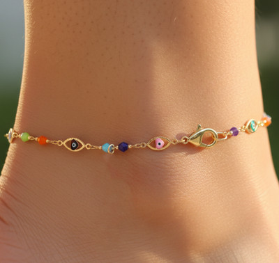 Boho Beaded Anklet Gold Plated Colorful Evil Eye Chain Designer Adjustable Jewel