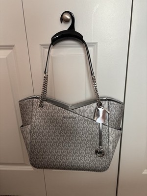 Michael Kors Jet Set Travel Tote Silver MK Signature Large Shoulder Bag