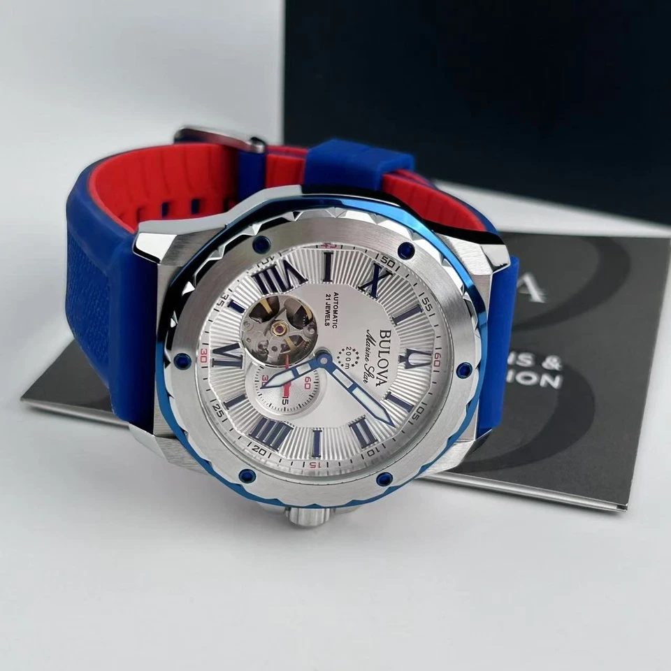 Nuevo reloj automático para hombre Bulova Marine Star 98A225 esfera blanca + correa de goma azul Foto 3 de 4