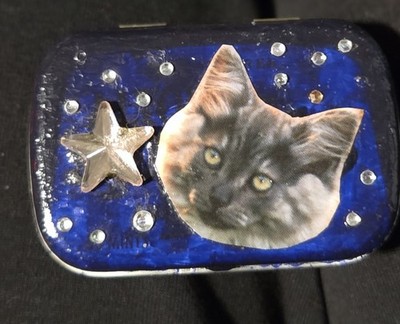 Bedazzled Cat Face Decorated Mini Altoids Tin With Felt Interior Pill Storage