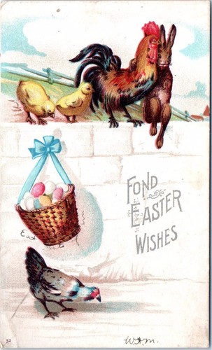 Cartolina Pasqua UDB coniglietto umanizzato coniglio gallo pulcini cesto uova Anthro - Foto 1 di 2