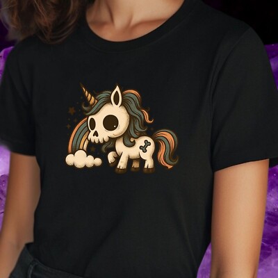 Frauen T-Shirt Gothic Skelett Einhorn Motiv Baumwolle Größe S bis 3XL
