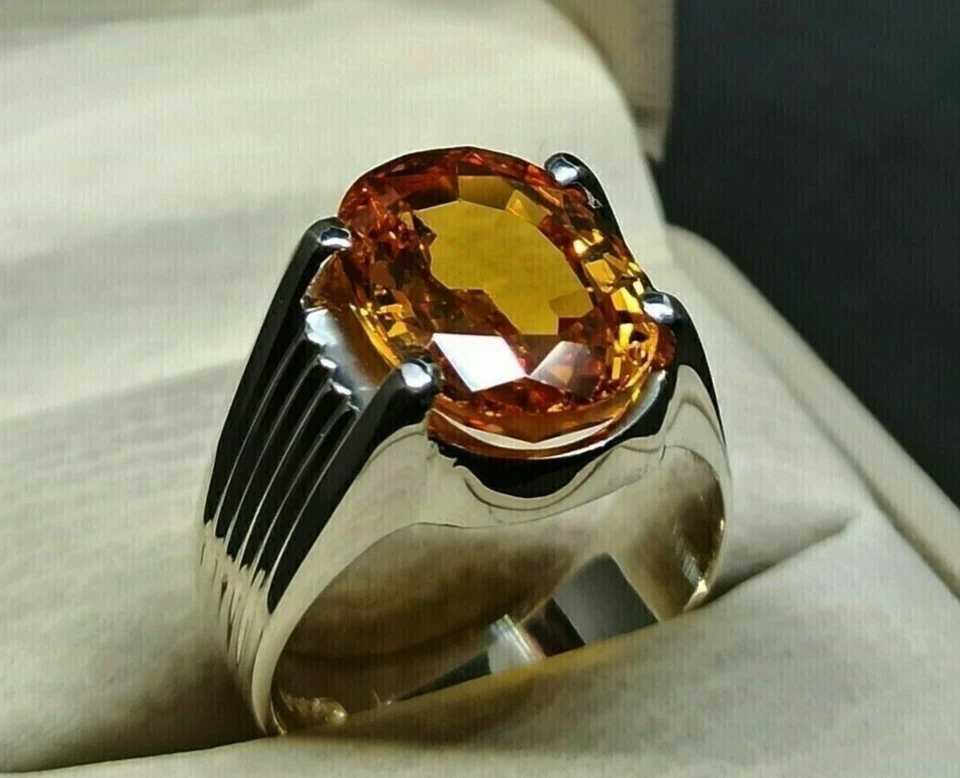 Anillo de boda solitario de plata 925 con citrino creado en laboratorio de corte ovalado de 6 quilates para hombre Foto 2 de 4