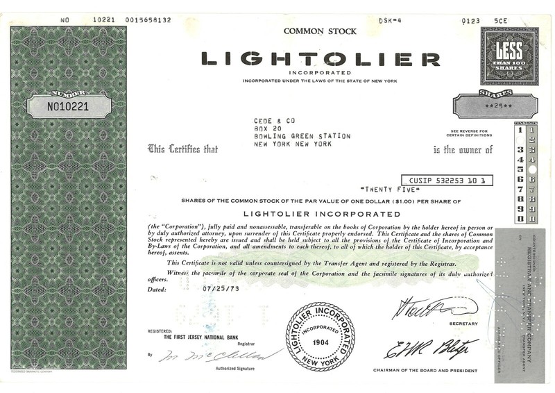 Lightolier, Incorporated Stock Certificate