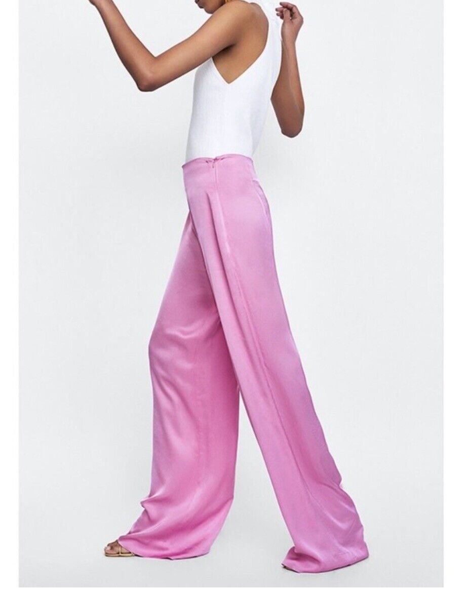 Zara NEW Wide Leg Flat Front High Waisted Satin Pink Pants Zara NEW Wide Leg Flat Front High Waisted Satin Pink Pants