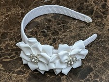 Girls white ribbon rhinestone headband flower lattice new holiday communion