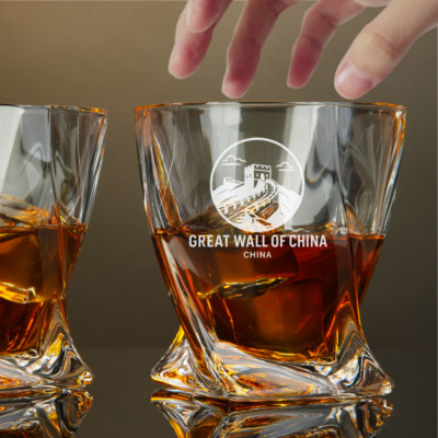 Custom Engraved Great Wall of China Whiskey Glass   10 oz Twisted Rocks Glass