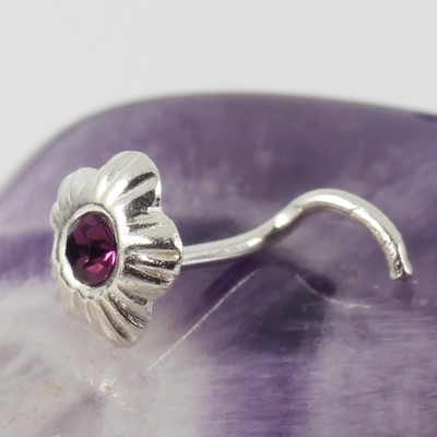 Curved Nose Stud Screw Solid 925 Sterling Silver Amethyst Crystal 0.6mm New
