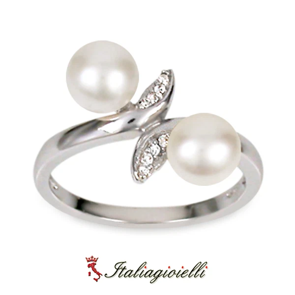 Romantico Anello Brillante con Doppia Perla in Argento 925 Rodiato Oro Bianco - Immagine 3 di 4