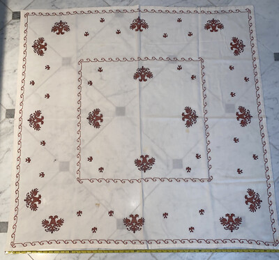 Vtg Tablecloth Cross Stitch 51  Card Table Size 6 Napkins Double Headed Eagle