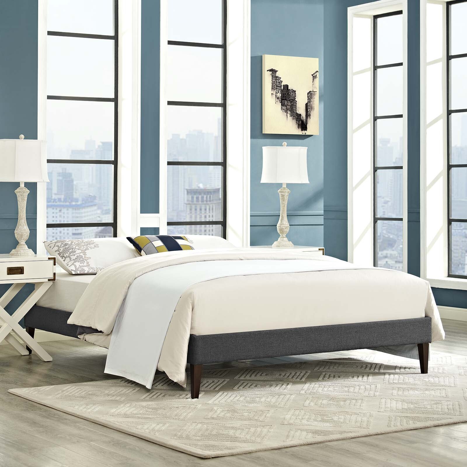 Gray Fabric Upholstered Full Size Platform Bed Frame With Wood Slats