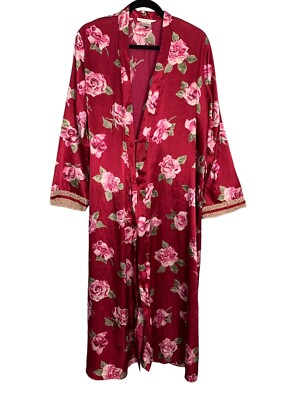 Vintage California Dynasty Pink Floral Flowers Satin Kimono Fantasy Robe Medium