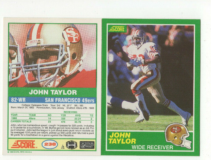 2 count lot 1989 Score John Taylor #238 Rookie cards!! SF 49ers WR! RC LOT