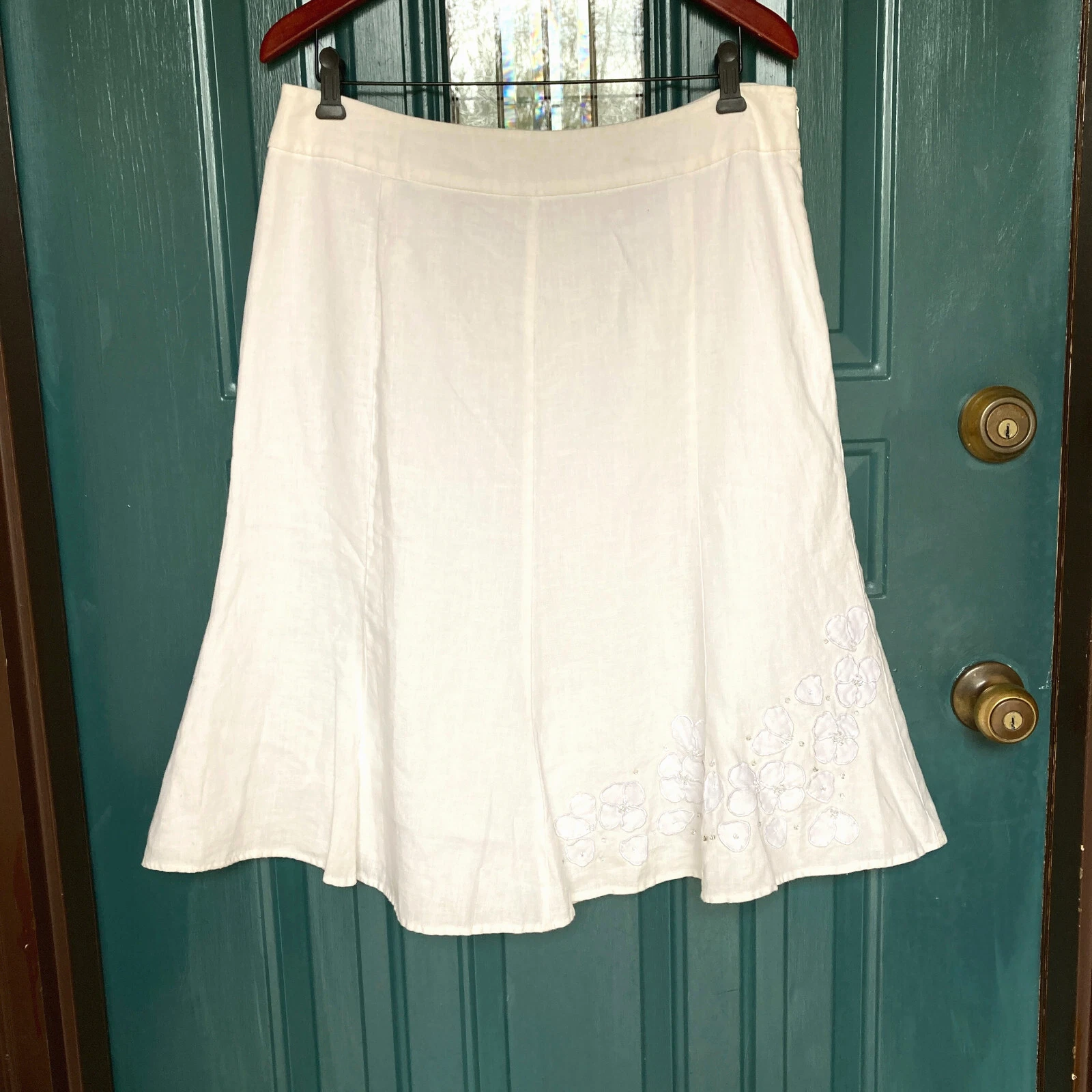 JM Collection 100% Linen Skirt Womens 12 Tulip Beaded 3D Flowers Boho Asymmetric
