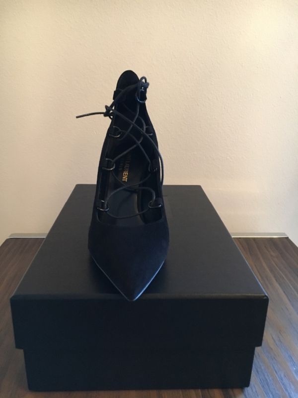 Nuovo designer Saint Laurent Paris skinny stringate a punta scamosciato pump nero $ 795 7 5