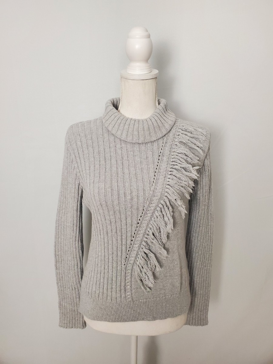 DKNY Gray 100% Cotton Turtleneck Sweater Diagonal Fringe Women's