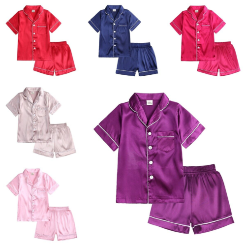 Boys Girls Silk Pyjamas Set Nightwear Tops Pants Pjs Satin Sleepwear Outfits