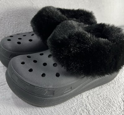 Crocs Stomp Lined Platform Clog Black Faux Fur Fuzzy Chunky Sole Women's Size 6