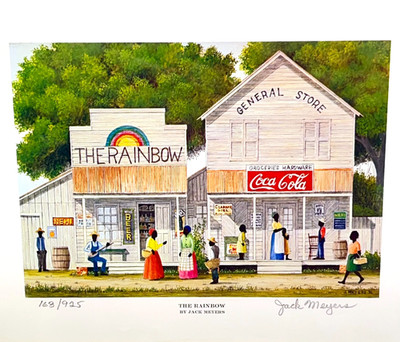 Signed Jack Meyers Black Americana Folk Print Rainbow General Store Coca Cola